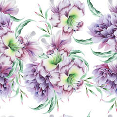 Bright seamless pattern with peony and lily. Rose. Watercolor illustration. Hand drawn.