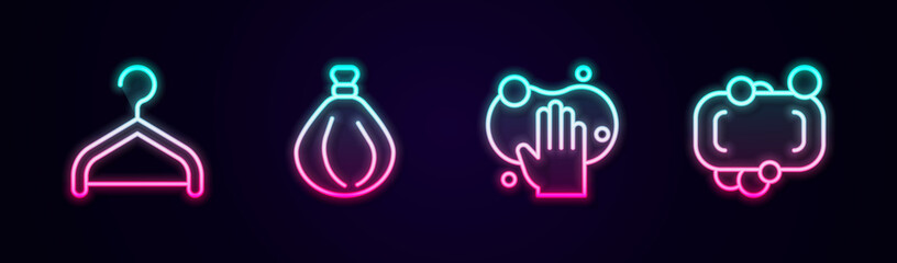 Set line Hanger wardrobe, Garbage bag, Sponge and Bar of soap. Glowing neon icon. Vector