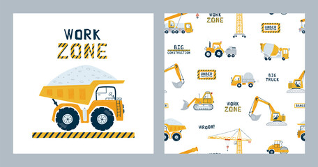 Set seamless patterns and print elements construction vehicles. Illustrations with yellow dump truck, crane, tractor and bulldozer for kid. Vector - 505113183