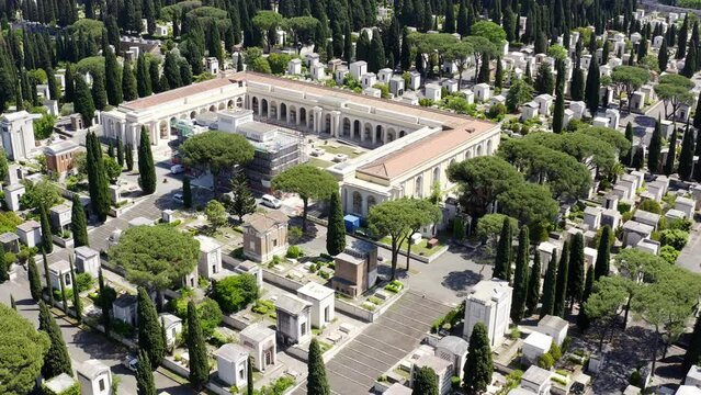 Aerial view of Campo Verano, a monumental cemetery located in the historic center of Rome, Italy. The cemetery has Christian catacombs and many graves of famous people.
