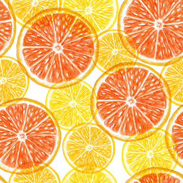 Orange Grapefruit  slice seamless pattern Watercolor pencil illustration Summer colorful citrus textural print Translucent fruits background