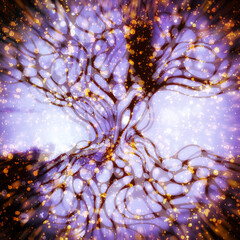 Neuro art abstract cosmic tree: tree made up of neural lines, drawn using neurographics technology. Digital art with mixed media texture - watercolour, acrylic. 