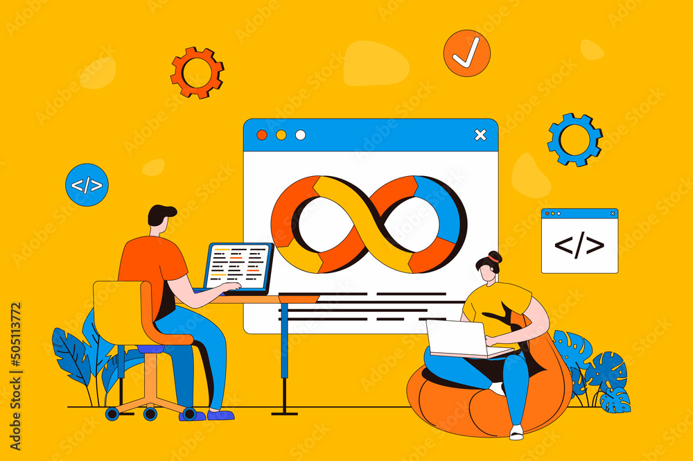 Poster DevOps web concept in flat 2d design. Man and woman developers work together in team, administer development and collaboration processes on programming products. Vector illustration with people scene