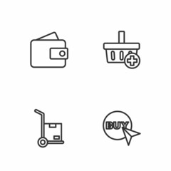 Set line Buy button, Hand truck and boxes, Wallet and Add Shopping basket icon. Vector