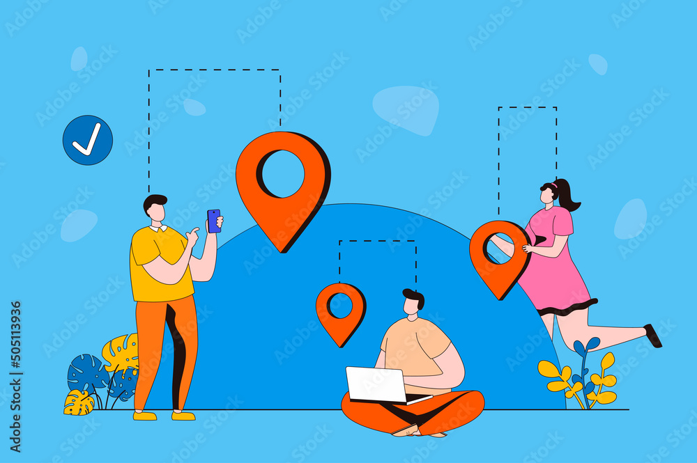 Leinwandbilder geolocation web concept in flat 2d design. men and women using gps navigation with pin location in a