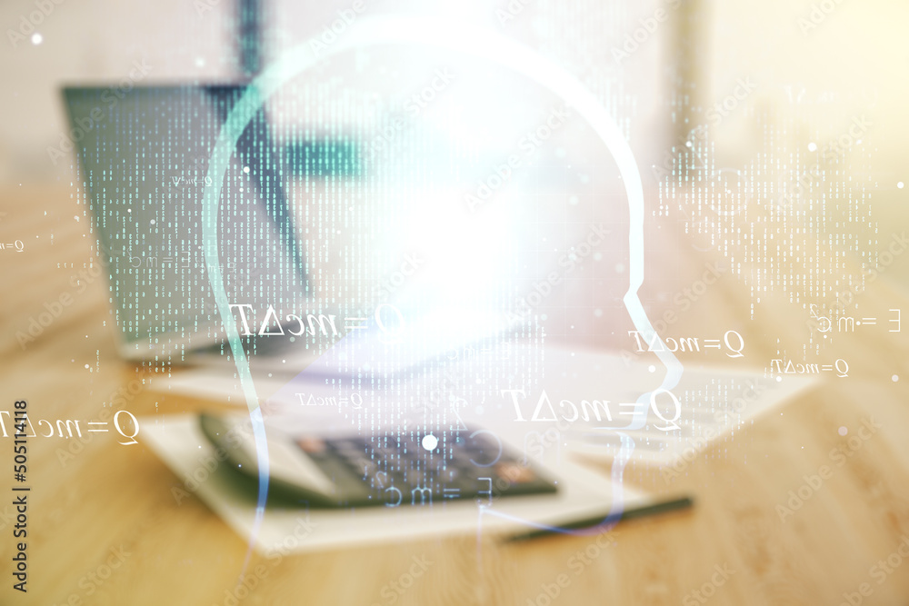 Aufkleber Abstract virtual artificial Intelligence concept with human head sketch on blurry calculator and computer background. Double exposure