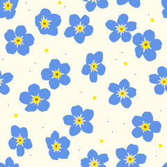 Alpine Forget-Me-Not seamless pattern. Hand drawn vector illustration. Texture for print, textile, packaging. Summer background.