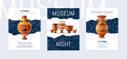 Museums Night poster on stary sky background. Modern vector illustration design with ancient greek, roman clay vase, amphora. Ancient ceramic art design set. Pottery brochure. Museum Night poster set