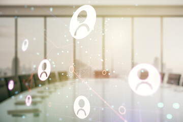 Abstract virtual social network concept on a modern conference room background. Multiexposure