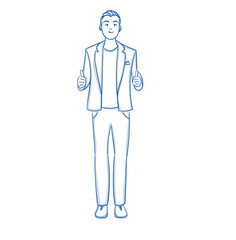 Men Hand drawn blue outline. Young man businessman in an office suit Full length stands. Line art cartoon vector illustration.
