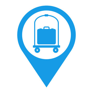 recommend clip art: Logo luggage cart. Icono con silueta de maleta en carrito para equipaje en hotel en puntero de posición color azul