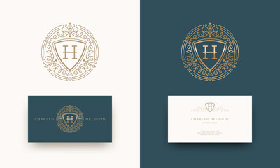 Luxury logo with monogram and business card template.  Identity design  for cafe, shop, store, restaurant, boutique, hotel, heraldry, fashion and etc.