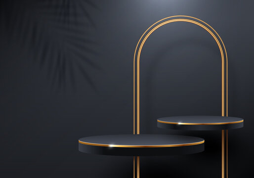 Black Podium For Premium Product Presentation. Podium Stage With Golden Arch. Minimal Scene With Podium, Vector Illustration.