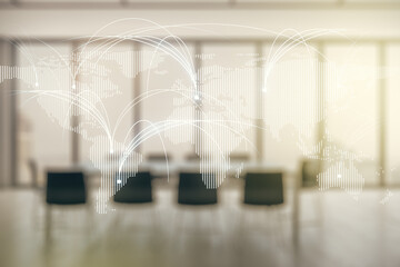 Double exposure of abstract digital world map hologram with connections on a modern meeting room background, research and strategy concept