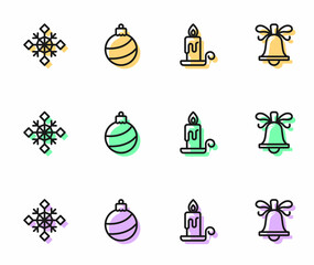 Set line Burning candle, Snowflake, Christmas ball and ringing bell icon. Vector