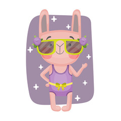 Vector isolated image of a cartoon bunny on the beach in a swimsuit and sunglasses. Children's illustration in hand-drawn style.