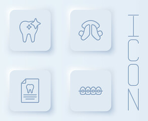 Set line Tooth whitening, Dental tooth plate, Clipboard with dental card and Teeth braces. White square button. Vector