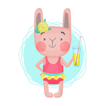 Vector isolated image of a cartoon bunny on the beach in a pink swimsuit with a cocktail. Children's illustration in hand-drawn style.