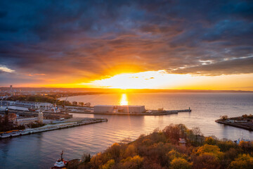 Beautiful sunset over the port canal at the mouth of the Baltic Sea, Poland