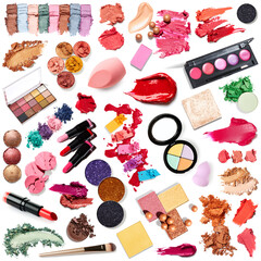 Fototapeta na wymiar Set of different products for make up. Decorative cosmetics collection of objects. Eyeshadow palette, lipsticks, beauty blender and refill pans
