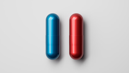 Two medicine capsules or pills isolated on white background. Red and blue pills. Choice sign or symbol. 3d render