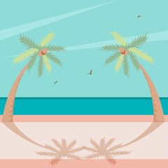 Summer illustration. sea, palm trees, beach, birds