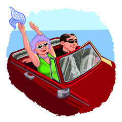 Vector illustration from the series "Be young" with the image of an elderly couple in a convertible, walking at full speed with a breeze along the coast