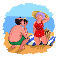 Vector illustration from the series "Be young" with the image of an elderly couple on the seashore. A man photographs a posing lover in a red retro polka dot swimsuit and hat