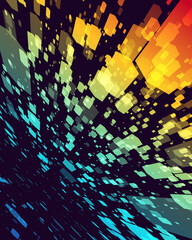 Obraz premium Abstract geometric particles shape digital flow dynamic rainbow motion wave dark poster background template vector illustration. Futuristic movement cyberspace chaos dust polygon figure stream