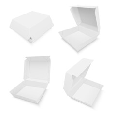 White hamburger box with open and closed cap front side view realistic template vector illustration