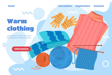 Handmade wool clothing landing page user interface vector flat workshop knitting clothing DIY