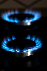 Closeup shot of blue fire from domestic kitchen stove top. Burning gas, gas stove burner. Gas cooker with burning flames of propane gas. Industrial resources and economy concept.