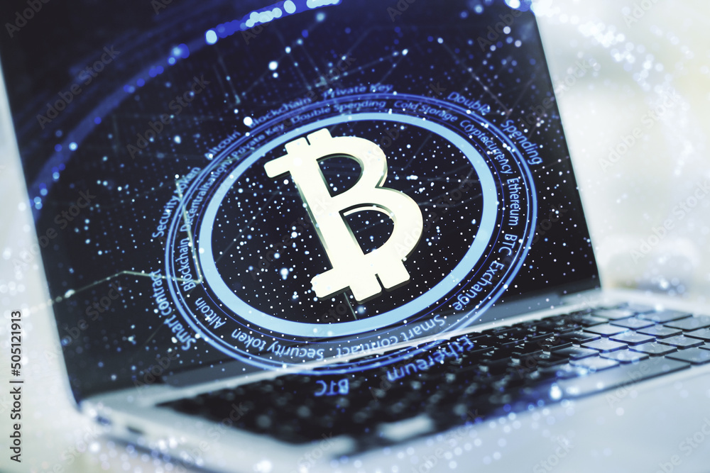 Poster Creative Bitcoin concept with modern computer background. Double exposure