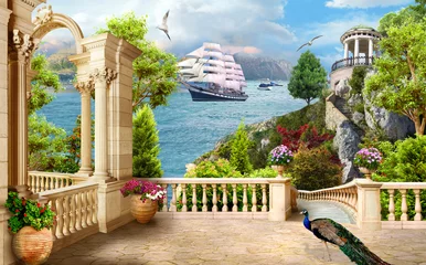  A terrace with a peacock and a view of the gazebo and the seascape. The sailboat enters the bay. Digital mural. Wallpaper on the wall. © ART-poster