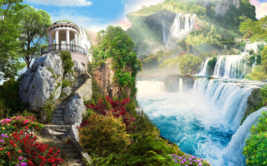 A waterfall high in the mountains. Fabulous view. Waterfall in the jungle. Photo wallpapers....