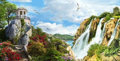 A rock with a beautiful waterfall. Gazebo on a high mountain. Photo wallpapers. Wallpaper on the...