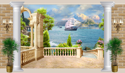 The fresco. Photo wallpapers. A bay with a sailboat. View from the terrace.