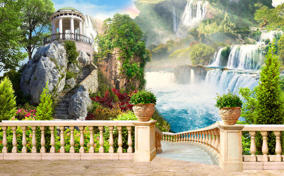 View of the fabulous waterfall from the terrace and gazebo. A waterfall high in the mountains. The fresco. Digital photo wallpapers. Wallpaper on the wall.