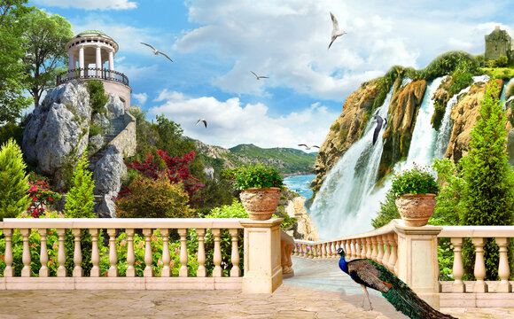 Terrace with a view of the mountain landscape with a waterfall, birds. Peacock on the terrace. photo wallpapers. Mural on the wall. Digital wallpaper.