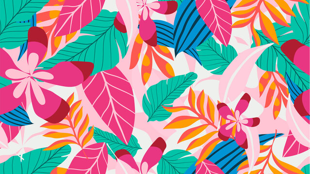 Abstract foliage botanical seamless background. Colorful wallpaper of tropical plants, flowers, floral, leaf branches. Foliage of exotic plants in summer for banner, prints, decor, wall art.