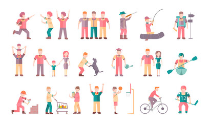 Fototapeta na wymiar People in different situations and poses. Friends, family, couple, hobby, sport. Flat icons. Vector illustration. 