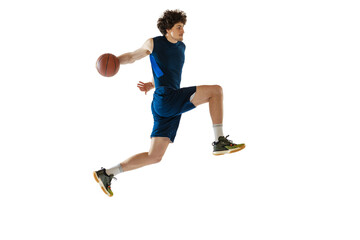 One sportive basketball player training with ball isolated on white background. Concept of sport,...