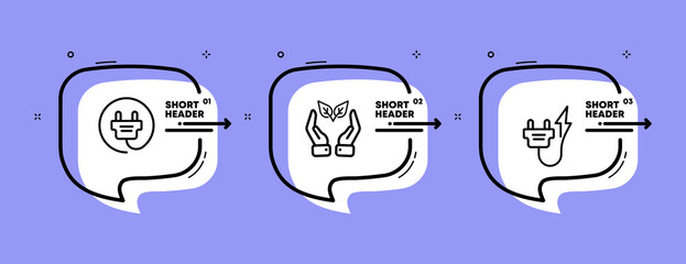 Renewable energy set icon. Electricity, socket, plug, wire, plant, leaf, leaves, hand, save the planet, eco, home appliances, nature. Ecology concept. Infographic timeline with icons and 3 steps