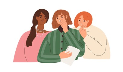 Women friends gossipping, telling rumors, backbiting. Female colleagues talking behind backs, slandering, mocking. Bad evil girlfriends tattling. Flat vector illustration isolated on white background