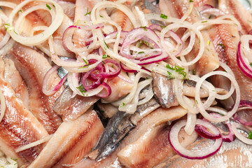 Marinated herring fillet with chopped onion and herbs.