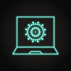 Computer monitor with virus symbol neon icon