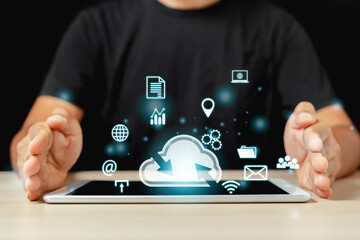 Concept of data cloud computing. Businessman with doctor with data cloud icons on tablet analysis technology. connect devices information technology server innovation virtual. security data storage.