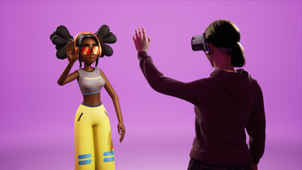 Girl greeting virtual avatar in the Metaverse while wearing a virtual reality headset. 3D Rendering - obrazy, fototapety, plakaty