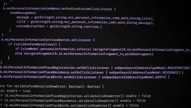 Developer is browsing html code on the computer screen. Scroll of HTML Web Page Code. Programming code abstract technology background. Computer script concept. High quality 4k footage