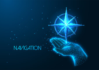 Futuristic navigation, life path choice concept with glowing low poly human hand holding compass 